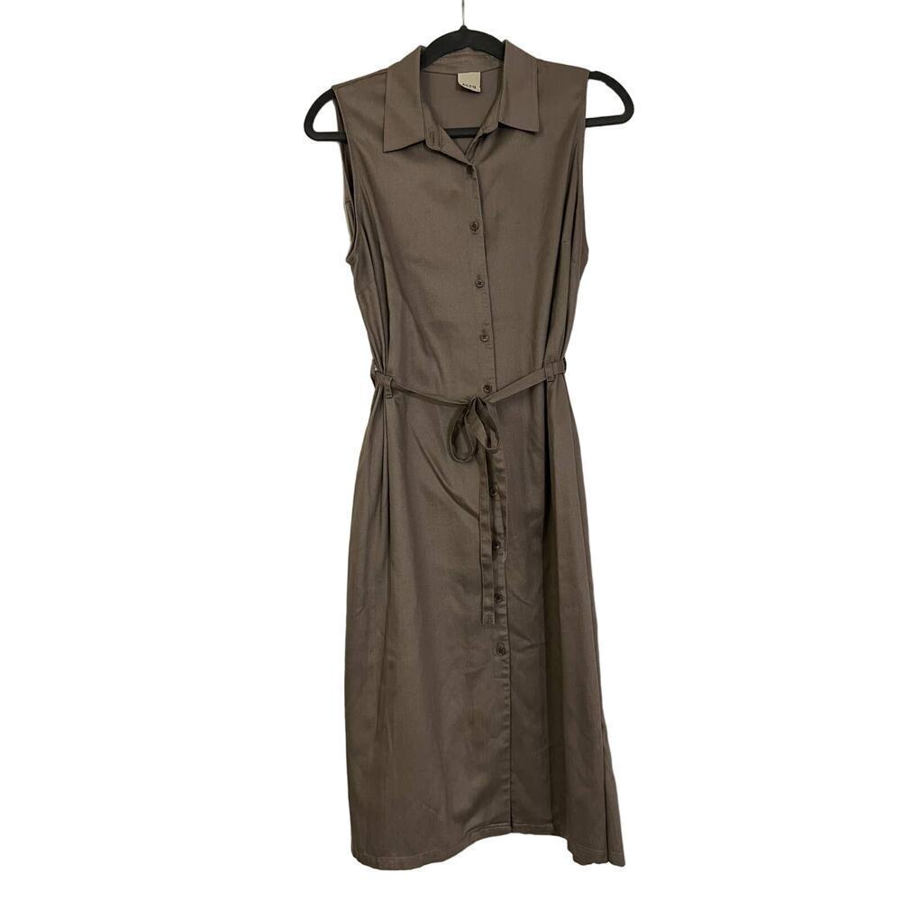 Ecru Taupe Grey Button Down Sleeveless Midi Dress Sz M